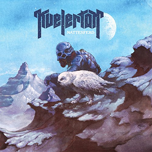 Kvelertak album cover: figure with owl on snowy, mountainous landscape.