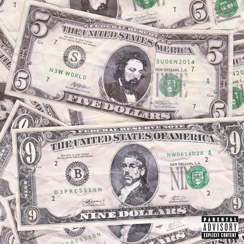 A collage of altered five and nine dollar bills featuring portraits of two men.