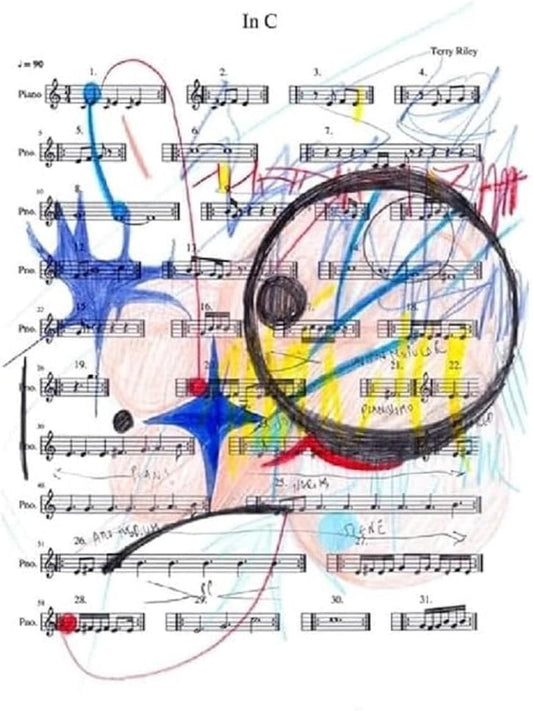 Sheet music with colorful abstract drawings and a vinyl record overlay.