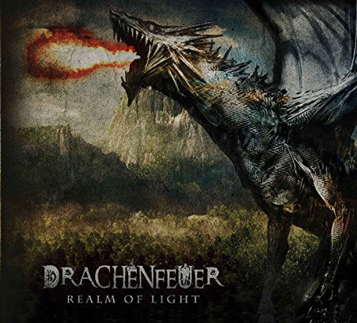 Dragon breathing fire over a mountainous landscape, CD cover art.