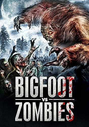 Bigfoot battles zombies in a forest, DVD cover art.