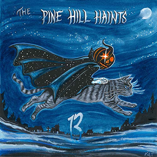Painted album cover featuring a grey tabby cat flying with a pumpkin.