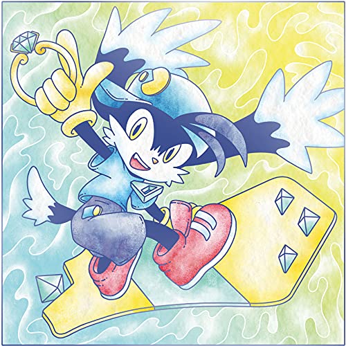 Cartoon character with wings and sword on yellow and green background with diamonds.