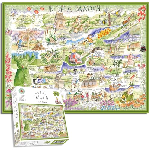 Completed 1000-piece jigsaw puzzle depicting a busy, colorful garden scene.