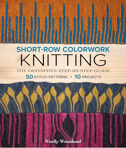 Book cover featuring colorful knitted fabric swatches and text about short-row colorwork knitting.