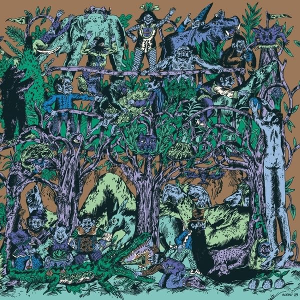 Colorful illustration of fantastical creatures amongst dense, stylized foliage.
