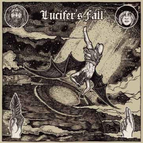 Black and white illustration of a falling, winged figure and celestial bodies.