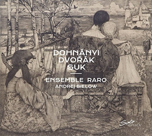 CD cover depicting musicians with a harp, in a sketched style.