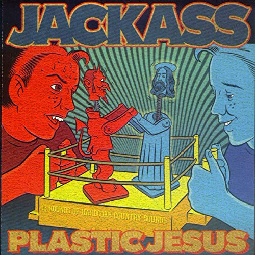 CD cover: cartoon boxing match with devils, Jesus, and a referee.