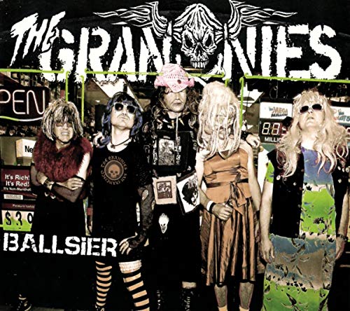 Band photo of The Grannies with skull imagery and album title "Ballsier".