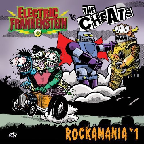 Cartoon monsters and a car race on a colorful album cover.