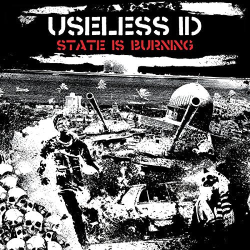 Black and white album cover depicting a post-apocalyptic landscape with figures and skulls.