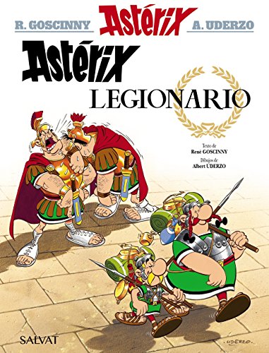 Asterix comic book cover, showing characters in Roman soldier attire.