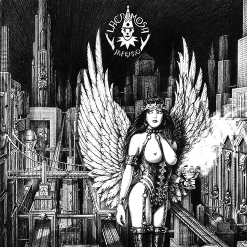 Black and white illustration of a winged figure in a gothic cityscape.