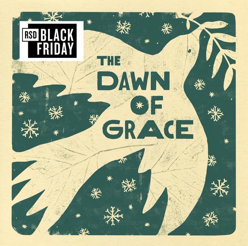 Album cover for "Dawn Of Grace" with snowflakes and dark green shapes.
