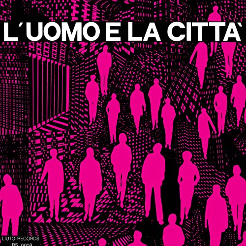 Pink silhouettes of people within a black and white geometric pattern.