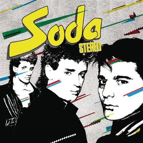 Black and white album cover of Soda Stereo with yellow text and geometric lines.