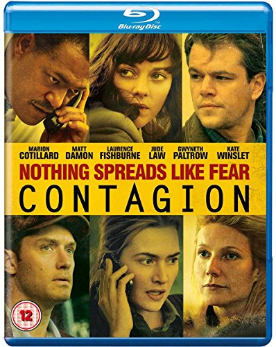 “Contagion” Blu-ray cover featuring six actors and bold red text.