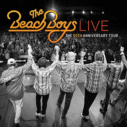 The Beach Boys performing live with arms raised before a large crowd.