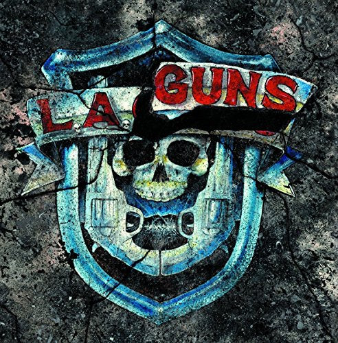L.A. Guns album cover: skull and crossed guns within a cracked shield.