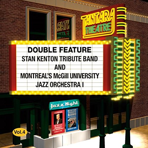 Theatre marquee displaying “Double Feature” with band and orchestra names.