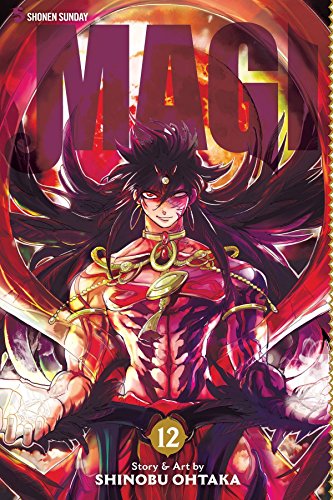 Magi 12 manga cover featuring a muscular man with dark hair and red accents.