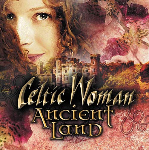 Celtic Woman "Ancient Land" CD cover with woman’s face and castle image.