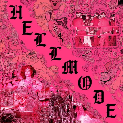 Pink album cover with collage of figures, text "Hellmode", and chaotic drawings.