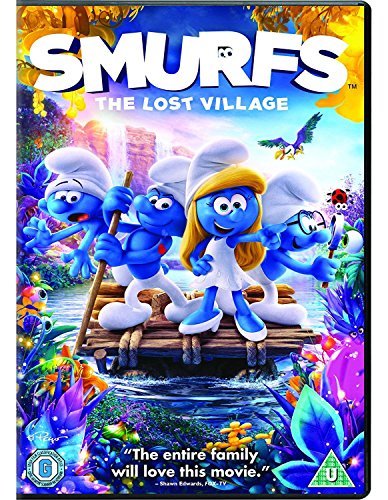 DVD cover for "Smurfs: The Lost Village" featuring blue Smurf characters.