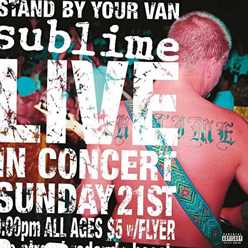 Sublime album cover: man’s back with tattoos, concert text overlay.