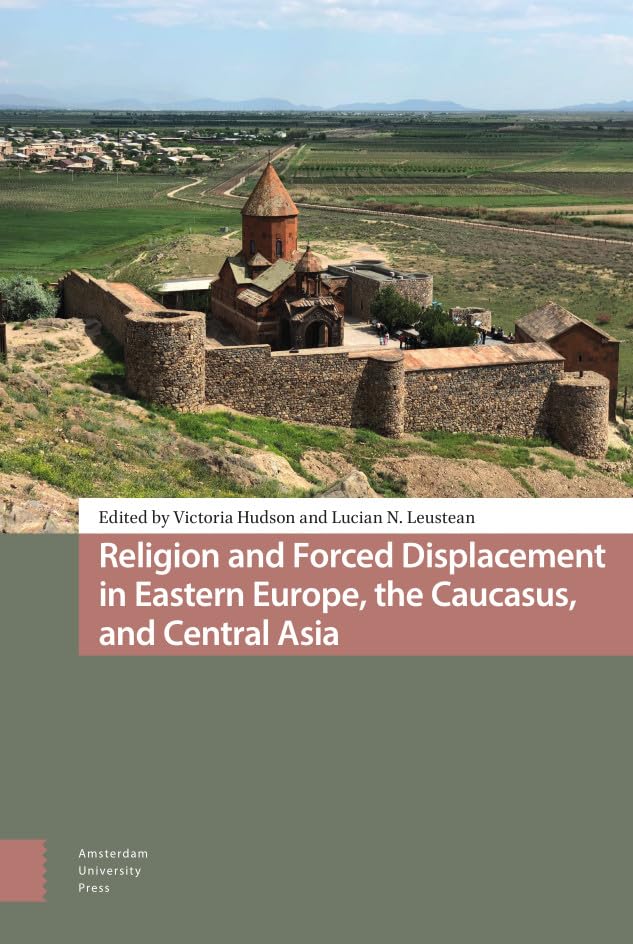 Book cover with a stone church and text: “Religion and Forced Displacement.”