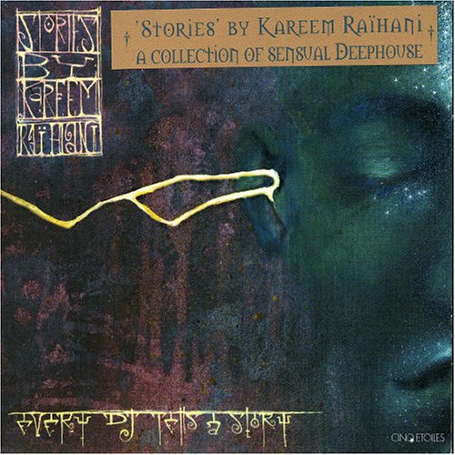 CD cover for “Stories” by Kareem Raihani, abstract art, dark tones.