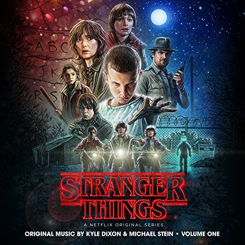 “Stranger Things” vinyl album cover featuring characters from the series.