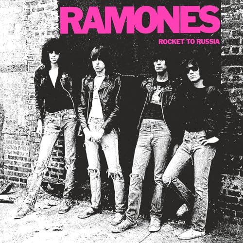 The Ramones band portrait in leather jackets, black and white with pink text.