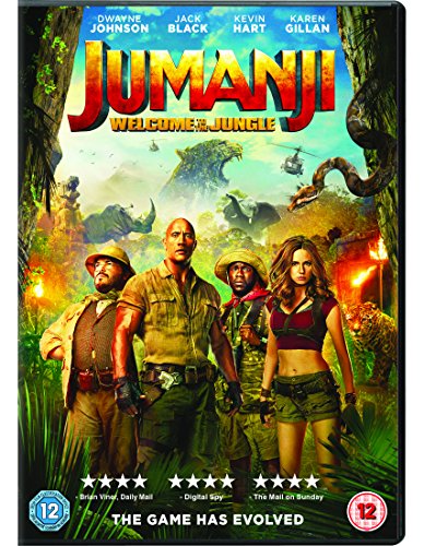 Jumanji: Welcome to the Jungle DVD cover with cast and jungle scenes.