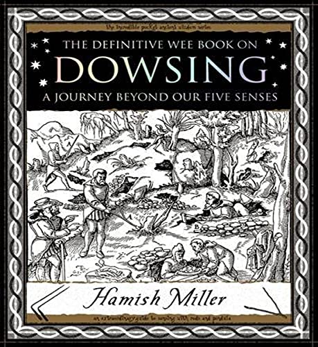 Book cover with dowsing rods, mystical symbols, and earthy colors on a rectangular shape.