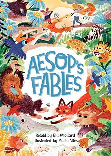 Illustrated children's book with fables and stories, colorful figures and animal characters depicted.
