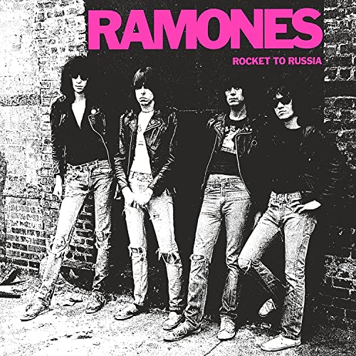 Album cover of Ramones Rocket to Russia featuring four men in leather jackets.H.