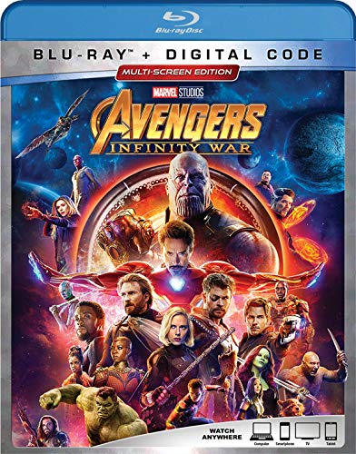 Avengers: Infinity War Blu-ray cover featuring Thanos and many heroes.