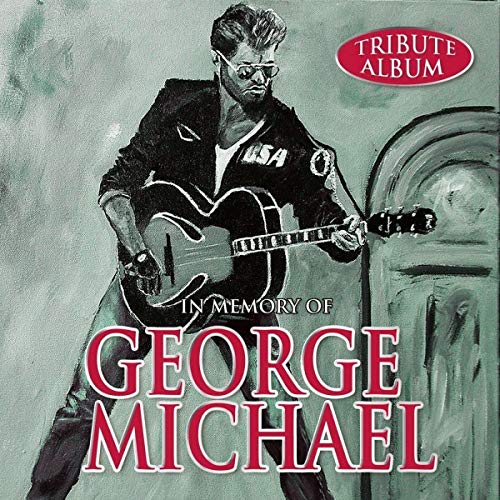 Painted portrait of George Michael with guitar, tribute album cover.