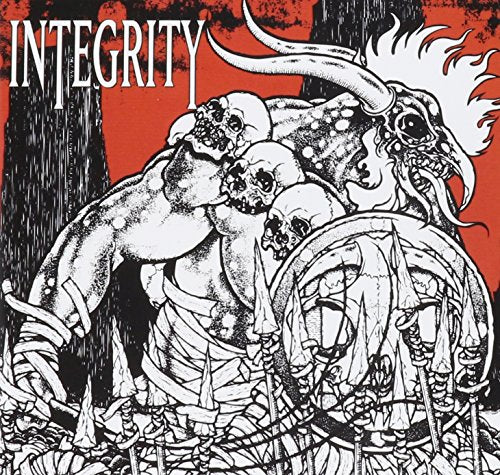 Integrity album cover: demonic figure with skulls, red background, black and white.