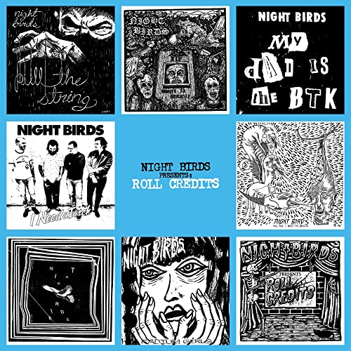 “Night Birds - Roll Credits” CD cover: black and white collage of illustrations.