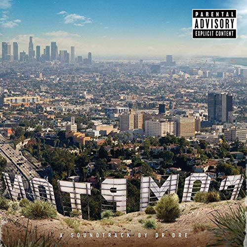 Dr. Dre’s “Compton” CD cover: cityscape with hillside sign and parental advisory label.