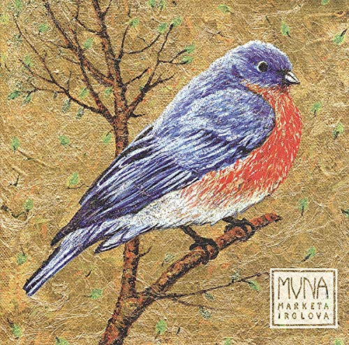 Painted blue bird on a branch, album cover for Marketa Irglova’s “Muna”.