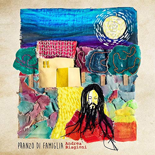 Painted album cover with a house, trees, and a man with long hair.