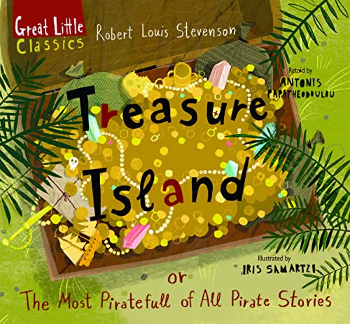 "Book cover featuring a treasure chest filled with jewels and coins, surrounded by green leaves."