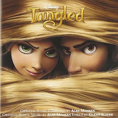 “Tangled” soundtrack CD cover featuring Rapunzel and Flynn Rider’s faces framed by hair.
