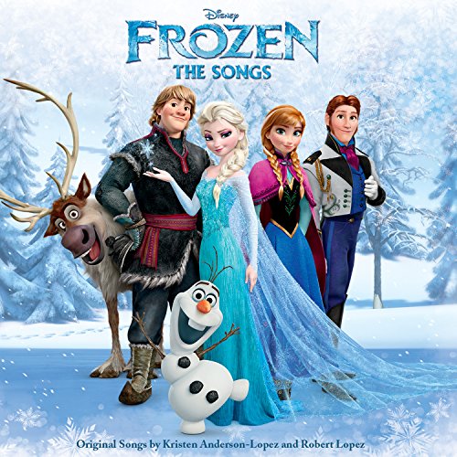 Frozen characters—Elsa, Anna, Kristoff, Sven, Olaf—stand in a snowy landscape.