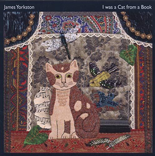 Album cover featuring a textile art cat with dragonflies and sheet music.
