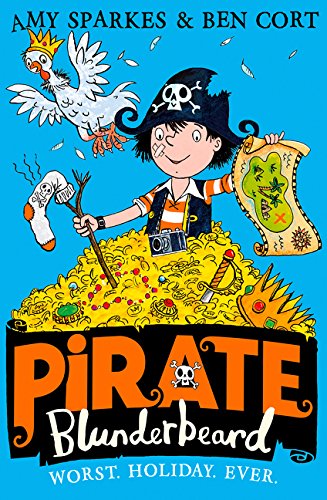 Cartoon pirate boy with a chicken, treasure, and a map.